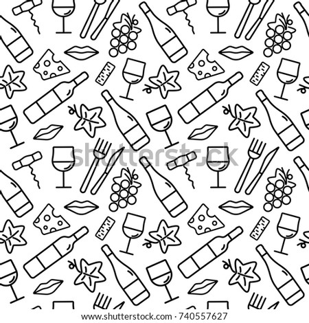 Seamless pattern with wine and food icons. Background for cards, decoration, menus, web, banners and designs related to wine. Vector illustration.