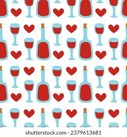 Seamless pattern with wine glass, bottle and heart. Red wine background. Vector flat illustration.