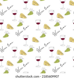 Seamless pattern with wine in a glass, cheese and grapes sketchy illustrations. Background for wrapping paper, textile, cards, menus, banners and other designs related to wine. Vector illustration.