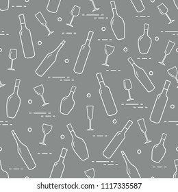 Seamless pattern of wine glasses and bottles of wine. Wine-making. Tasting. Sommelier.
