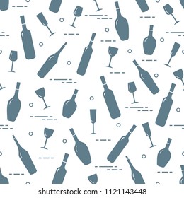 Seamless pattern of wine glasses and bottles of wine. Wine-making. Tasting. Sommelier.