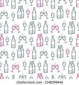 Seamless pattern of wine glasses and wine bottles icons. Vector illustration