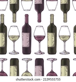 Seamless pattern with wine glasses and bottles. Detailed hand-drawn sketches, vector illustration.