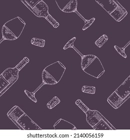 Seamless pattern with wine glasses and bottles. Detailed hand-drawn sketches, vector illustration.