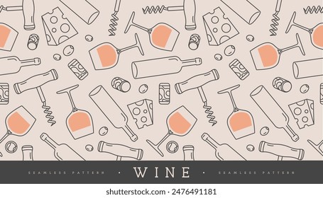 Seamless pattern with wine glasses, wine bottles, cheese, corkscrew and cork. Vector illustration