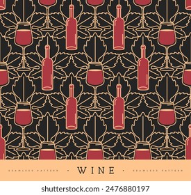 Seamless pattern with wine glasses, wine bottles  and grape leaves. Vector illustration