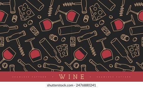 Patrón sin costuras con vasos de vino, botellas de vino, queso, sacacorchos y corcho. Ilustración vectorial