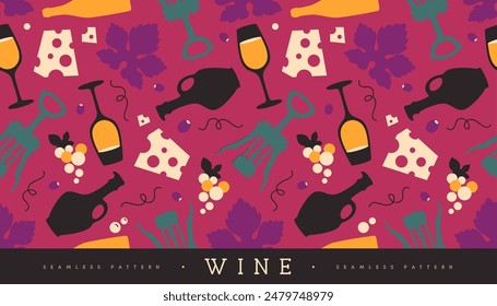 Seamless pattern with wine glasses, wine bottles, cheese, corkscrew and grapes. Vector illustration