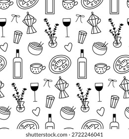 Patrón sin fisuras de copas de vino, botellas, café y garabatos culinarios en un estilo simple dibujado a mano. Perfecto para fondos de menú, decoración de la barra de vino, embalaje.