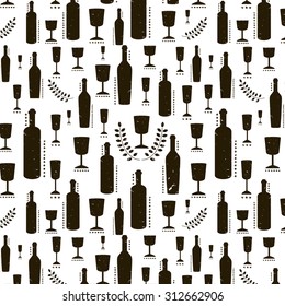 Seamless Pattern With Wine Glasses, Bottles And Grapes.