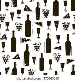 Seamless pattern with wine glasses, bottles, grapes and cheese.
