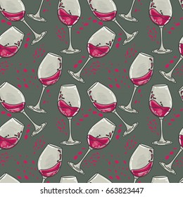 seamless pattern with wine glasses, can be used for wine tasting or for bachelorette party, vector illustration in sketch style
