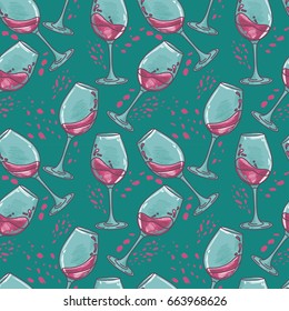 seamless pattern with wine glasses, can be used for wine tasting or for bachelorette party, vector illustration in sketch style