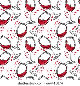 seamless pattern with wine glasses, can be used for wine tasting or for bachelorette party, vector illustration in sketch style