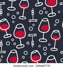 Seamless pattern with wine glasses and corcscrew. Background for cards, decoration, menus, web, banners and designs related to wine and holidays. Vector doodle linear illustration with abstract shapes