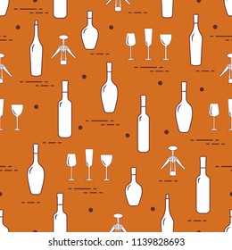 Seamless pattern of wine glasses, corkscrew, bottles of wine. Wine-making. Tasting. Sommelier.
