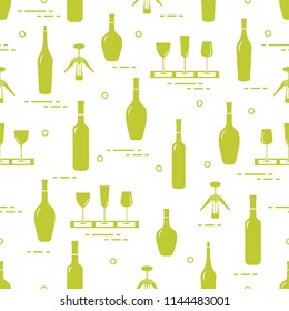 Seamless pattern of wine glasses, corkscrew, bottles of wine. Wine-making. Tasting. Sommelier.