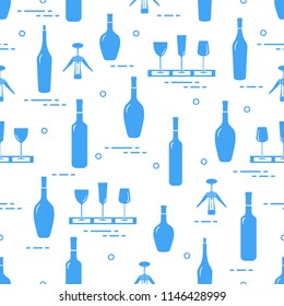 Seamless pattern of wine glasses, corkscrew, bottles of wine. Wine-making. Tasting. Sommelier.