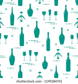 Seamless pattern of wine glasses, corkscrew, bottles of wine. Wine-making. Tasting. Sommelier.