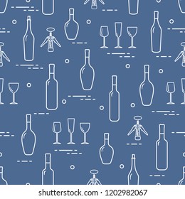 Seamless pattern of wine glasses, corkscrew, bottles of wine. Wine-making. Tasting. Sommelier.