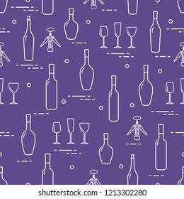 Seamless pattern of wine glasses, corkscrew, bottles of wine. Wine-making. Tasting. Sommelier.