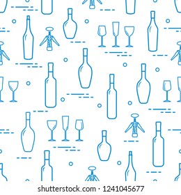 Seamless pattern of wine glasses, corkscrew, bottles of wine. Wine-making. Tasting. Sommelier.