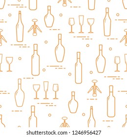 Seamless pattern of wine glasses, corkscrew, bottles of wine. Wine-making. Tasting. Sommelier.