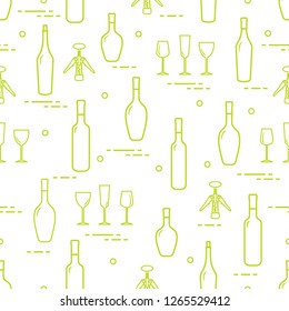 Seamless pattern of wine glasses, corkscrew, bottles of wine. Wine-making. Tasting. Sommelier.