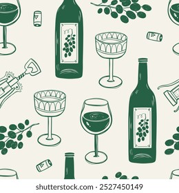 Patrón sin fisuras con vino, vasos, sacacorchos y uva. Ilustración vectorial