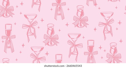 Patrón sin fisuras con copas de vino y lazos festivos en estilo dibujado a mano rosa