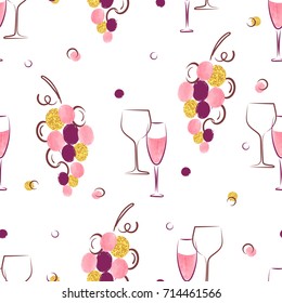 Seamless pattern with wine glasses and grapes. Vector alcohol background.