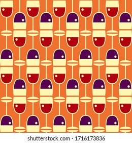 Patrón impecable de copas de vino sobre un fondo naranja. Para imprimir en papel tapiz, embalaje, telas y para uso en diseño web.