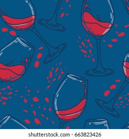 seamless pattern with wine glasses on blue background, can be used for wine tasting or for bachelorette party, vector illustration in sketch style