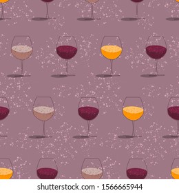 Seamless pattern with wine glasses a pink background with spots texture. Collection of alcohol drinks. Tasty aperetif flat illustration. Design for menu, restaurants, invitations - Vector