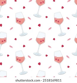 Seamless pattern with wine glasses, pink drink, flowers, berries on a white background. Stylish vector design for wrapping packing, wine list, menu, cocktail list, alcohol boutiques, restaurant, cafe