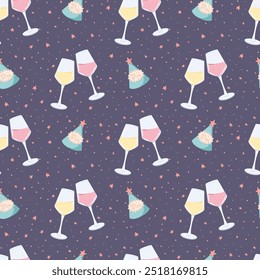 Seamless pattern with wine glasses, pink drink, birthday hats, stars on a purple background. Vector design for wrapping packing, wine list, menu, cocktail list, alcohol boutiques, restaurant, cafe