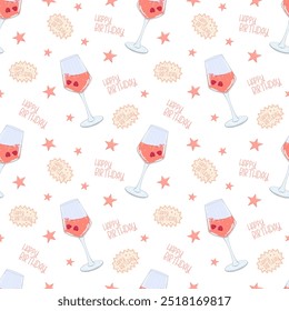 Seamless pattern with wine glasses, pink drink on white background. Stylish vector design for wrapping packing, wine list, menu, cocktail list, alcohol boutiques, restaurant, cafe. Happy birthday text