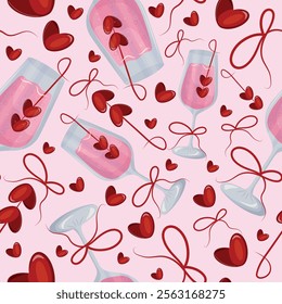 seamless pattern with wine glasses, pink champagne, berries in the shape of a heart and bows on a light pink background for Valentine's Day