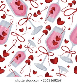 seamless pattern with wine glasses and rectangular wine glass with pink drink and berries in the shape of hearts and red bows, design for valentine's day