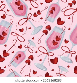 seamless pattern with wine glasses and rectangular wine glass with pink drink and berries in the shape of hearts and red bows on a pink background, design for valentine's day