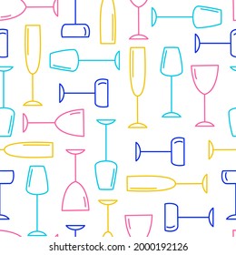 Seamless pattern with wine glasses. Simple vector flat illustration with stemware for different drinks on white background