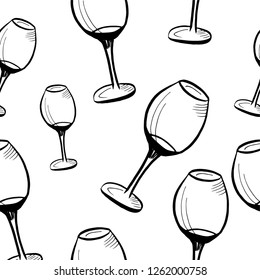 seamless pattern, wine glasses, sketch, vector, isolated on white background