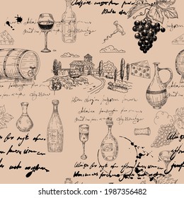 Seamless Pattern Wine Grape Branche, Bottles, Glasses, Vineyard, Unreadable Text, Wooden Barrel, Chees, Corkscrew. Doodle Sketch Hand Drawing. Vector Illustartion Isolated Retro