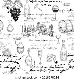 Seamless Pattern Wine Grape Branche, Bottles, Glasses, Vineyard, Unreadable Text, Wooden Barrel, Chees, Corkscrew. Doodle Sketch Hand Drawing. Vector Illustartion Isolated Retro