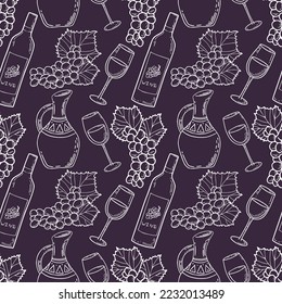seamless pattern of wine, grapes and jug. For wine shop, website, menu, packaging. Vector illustration