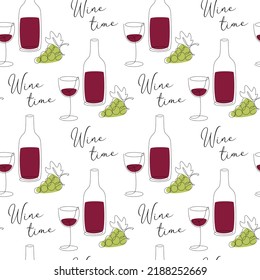 Seamless pattern with wine and grapes sketchy illustrations. Background for wrapping papers, textile, cards, decoration, menus, banners and other designs related to wine. Vector illustration.