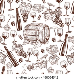 Seamless pattern with wine icons. Sketch style illustration of wine theme for vintage decorations of restaurant or bar menu. Vector.
