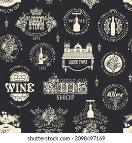 Seamless pattern with wine labels, logos, signs in retro style. Monochrome vector background on the theme of wine and liquor stores in burgundy. Wallpaper, wrapping paper, fabric