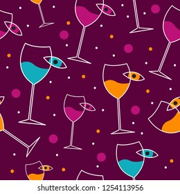 Seamless pattern wine list, background of alcoholic menu of cafe, restaurant, color backdrop with glasses and eye. Vector flat illustration