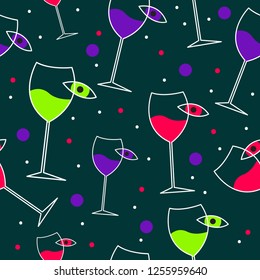 Seamless pattern wine list, background of alcoholic menu of cafe, restaurant, color backdrop with glasses and eye. Vector flat illustration